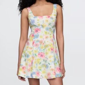 GAP Sleeveless Square Neck Linen-Blend Mini Dress Yellow Floral Size M NWT